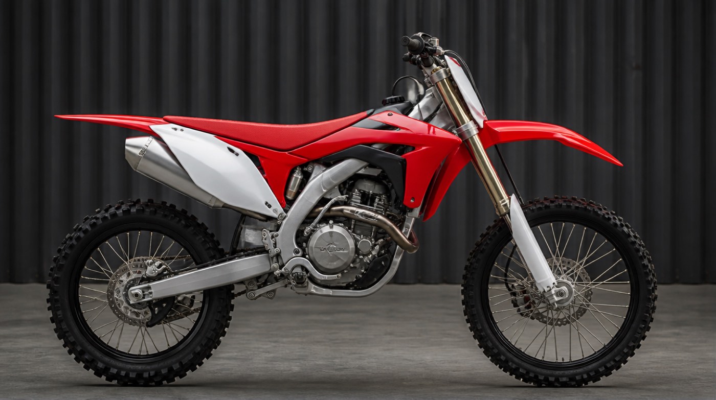 Moto de cross 250 rouge et blanche vue de profil dans un atelier.