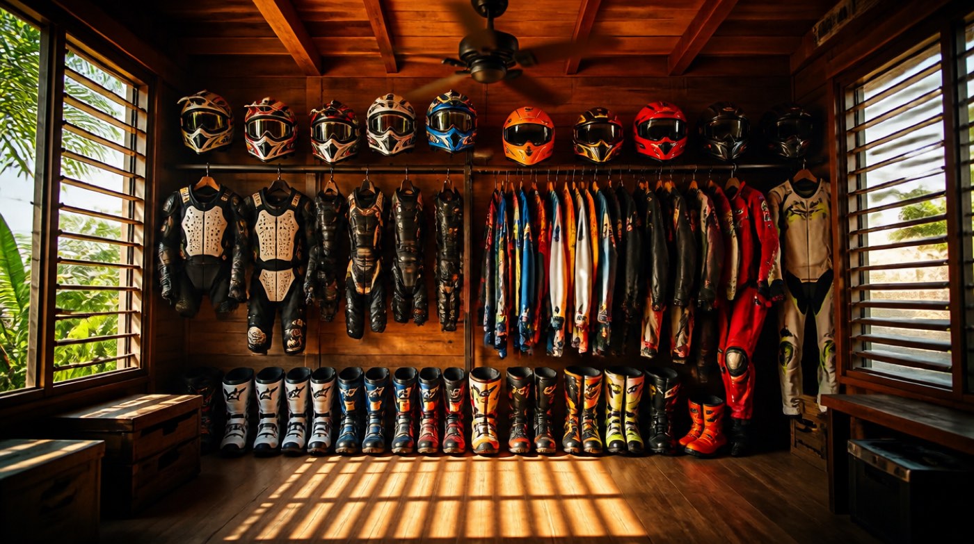 Casques cross et intégraux colorés alignés sur une étagère, lunettes, bottes et protections, lumière du jour à travers des persiennes tropicales.