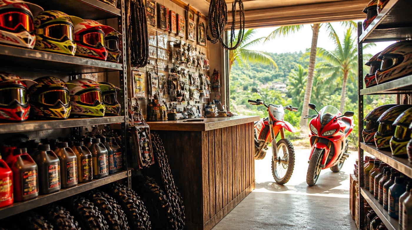 Comptoir d'un magasin de pièces moto, rayonnages de casques cross, huiles et chaînes, deux motos rouges à l'entrée ouverte sur la végétation.