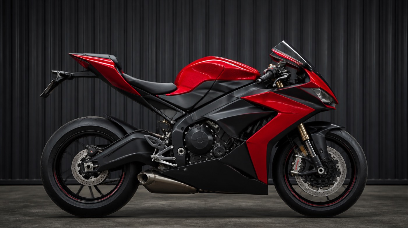 Moto sportive carénée rouge et noire vue de profil dans un atelier.